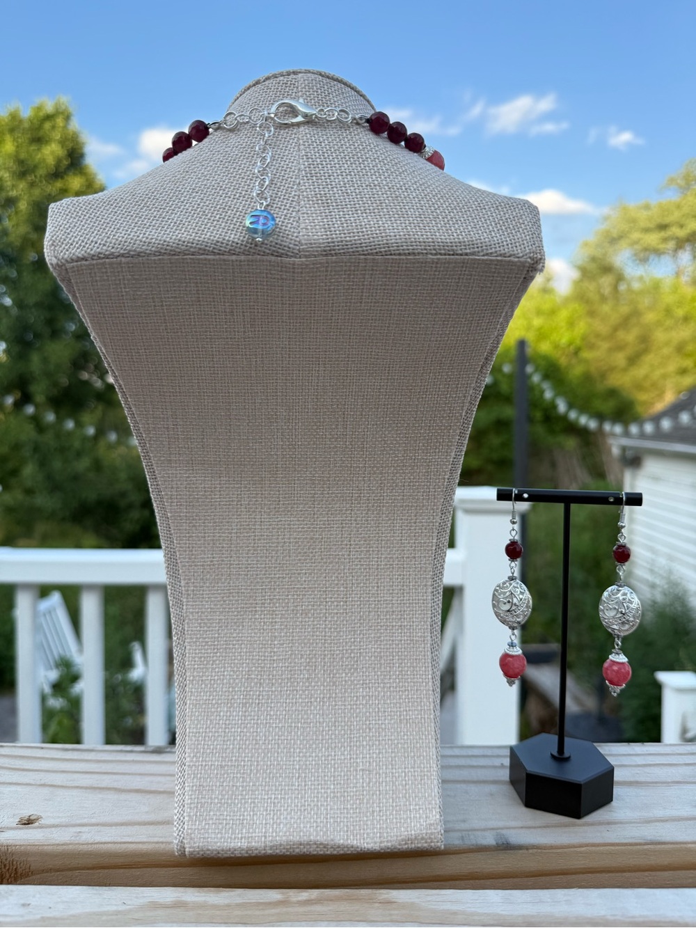 Hand Knotted Strawberry Quartz & Garnet Beaded Necklace with Silver Tone Accents - Picture 3 of 3